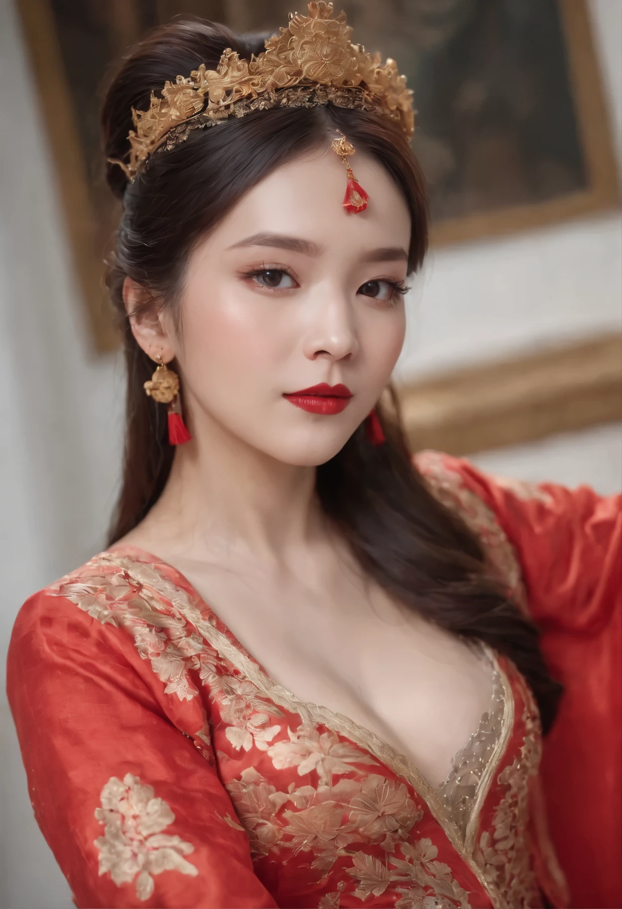 （Hyper-realistic 8K CG：1.2），perfect work of art，Exquisite pattern，Intricate details，（An unrivalled masterpiece，Best quality：1.2），（Extremely complex：1.2），woman in red and gold dress，Phoenix Coronet，Hairpin，（Sit on a red bed），cosmetic，blush，Very shy，Black_hair，look down，cosmetic，（Forehead Point），（2 red candles），Chinese_clothing，curtain，ear nipple ring，hair_decorate，Hanfu，inside the room， Jewel-like，Red nails，long_sleeve，Red Dress，Red lips，Nipple tassels，（Red quilt），（red palace：1.2），（Chinese Ancient Architecture），（rot：1.8），night，Perfect hands