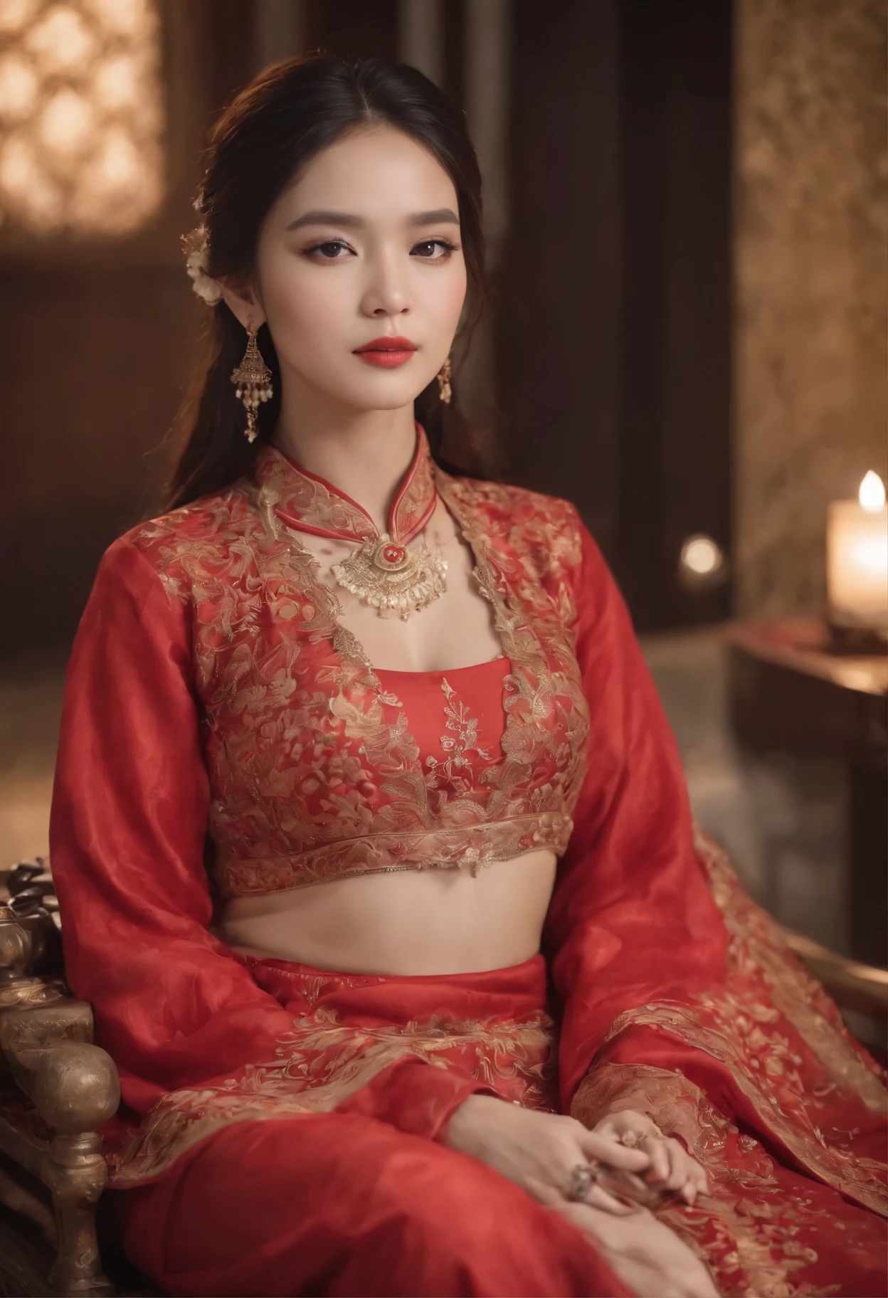 （Hyper-realistic 8K CG：1.2），perfect work of art，Exquisite pattern，Intricate details，（An unrivalled masterpiece，Best quality：1.2），（Extremely complex：1.2），woman in red and gold dress，Phoenix Coronet，Hairpin，（Sit on a red bed），cosmetic，blush，Very shy，Black_hair，look down，cosmetic，（Forehead Point），（2 red candles），Chinese_clothing，curtain，ear nipple ring，hair_decorate，Hanfu，inside the room， Jewel-like，Red nails，long_sleeve，Red Dress，Red lips，Nipple tassels，（Red quilt），（red palace：1.2），（Chinese Ancient Architecture），（rot：1.8），night，Perfect hands