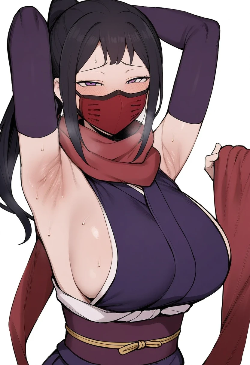 masterpiece, best quality, 1girl, armpits, breasts, mask, solo, ninja mask, purple eyes, gloves, mouth mask, purple gloves, sweat, scarf, elbow gloves, japanese clothes, ninja, blush, looking at viewer, long hair, short kimono, kimono, arms up, red scarf, large breasts, black hair, sideboob, low ponytail, sash, white background, presenting armpit, shiny skin, sleeveless, upper body, very long hair, covered mouth, half-closed eyes, simple background, ponytail, obi, sleeveless kimono