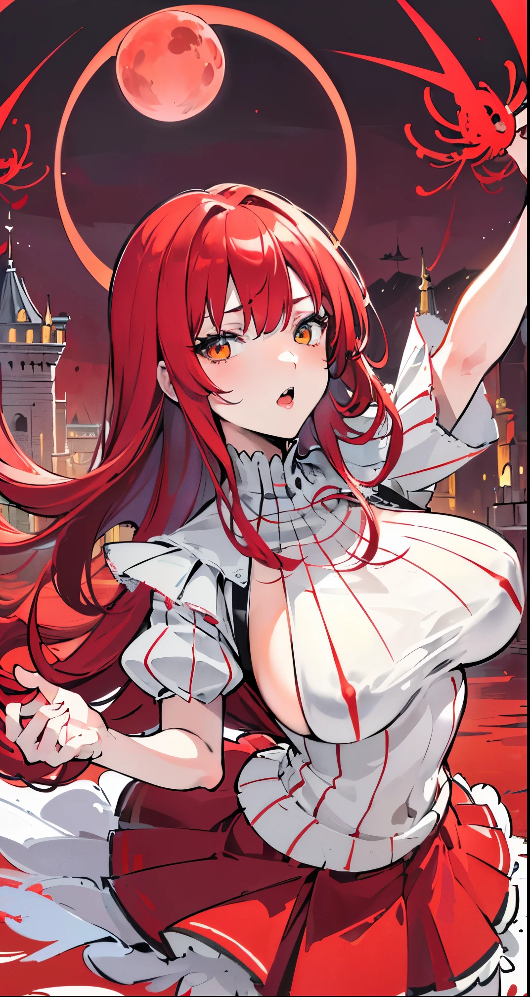 (best quality,4k,8K,High resolution,masterpiece:1.2),Extremely detailed,(Practical,photoPractical,photo-Practical:1.37),Red Hair Girl,long hair,Yellow eyes,Pleated skirt,knitted tops,portrait,((Red Moon,castle,Stone situation,Red spider lily)),carefree expression,Peaceful atmosphere anime girl.