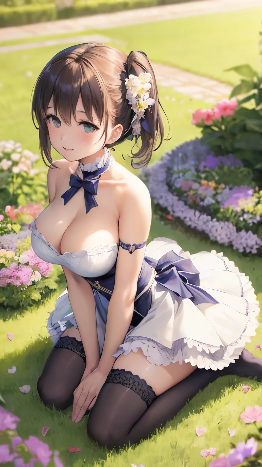Delicate Composition, hyper detailed, best quality, blurry foreground, dynamic view, 1 girl, (seductive smile:0.6), solo, breasts, thighhighs, hair in takes, aichan, from above beautiful detailed garden, fluttered detailed petal, grow, kneeling
