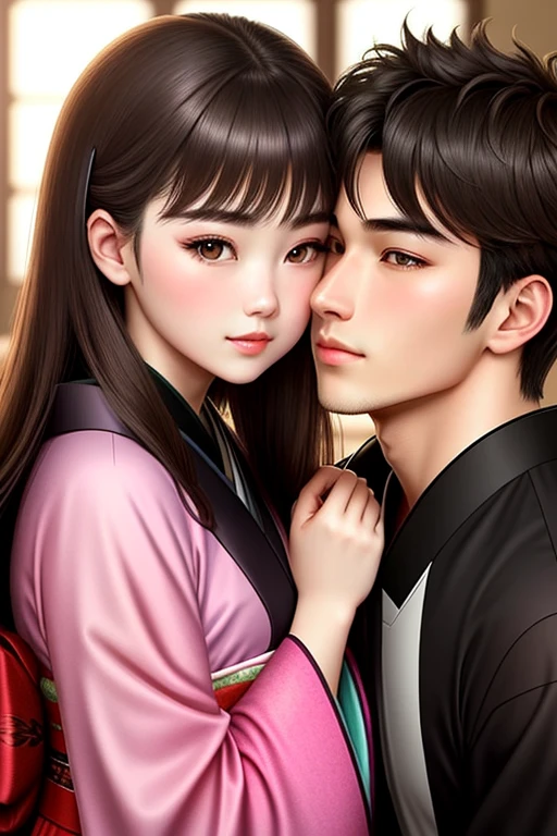 Use kimono. aggressive kissing kiss, staring intently to eyes. No one look at front. Hand on the face. 
20-year-old boy and 18-year-old girl and.  Detailed face, Detailed eyes, double eyelid, cute, sunny, warm vibes, Handsome-cool-warm-boy with brown hair and hot-seductive-sexy-cute-beautiful-girl with black hair and blushing face. Intimate vibes. 