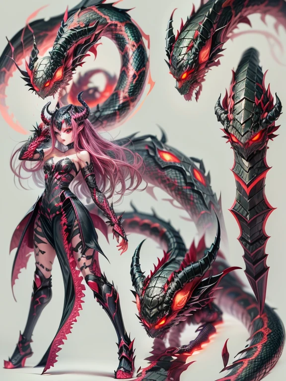 a small demonic creature, female, adult face, lamia, three big glowing green eyes, no pupils, demonic attire, female demon, demon claws, armor, snake scales instead of skin, red and dark pink and black, full body, snake tail, Demon Girl, gothic demon attire, lamia, three big glowing green eyes, no pupils, demonic attire, female demon, demon claws, armor, snake scales instead of skin, glowing blind eyes, colourful, red black and golden, many colours, full body, missing nosea small demonic creature, female, adult face, lamia, three big glowing green eyes, no pupils, demonic attire, female demon, demon claws, armor, snake scales instead of skin, red and dark pink and black, full body, snake tail