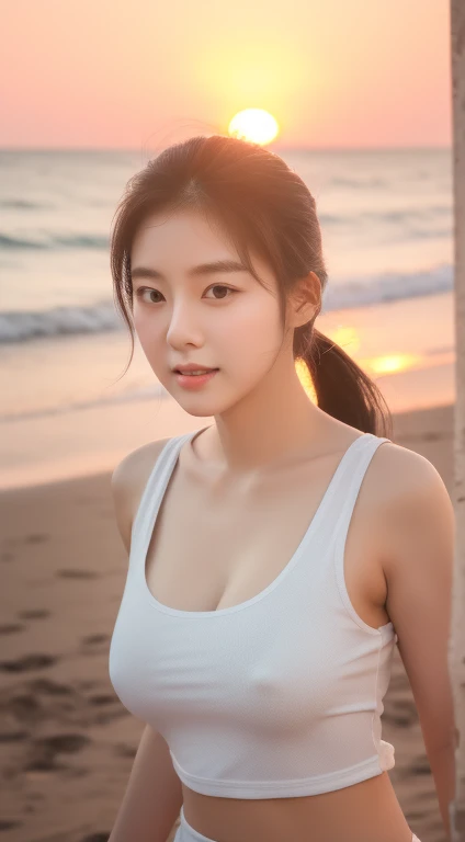 1 Realistic Pictures of Cute Korean Stars, Short ponytail, White skin, Thin makeup, 32 inch breast size, Wearing a camisole tank top, Walk by the beach, Sunset light, Upper body portrait, nffsw