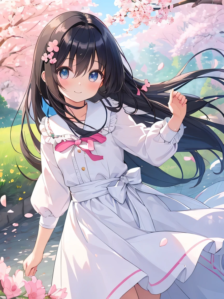 Anime girl with long black hair in a white dress and pink flowers ...