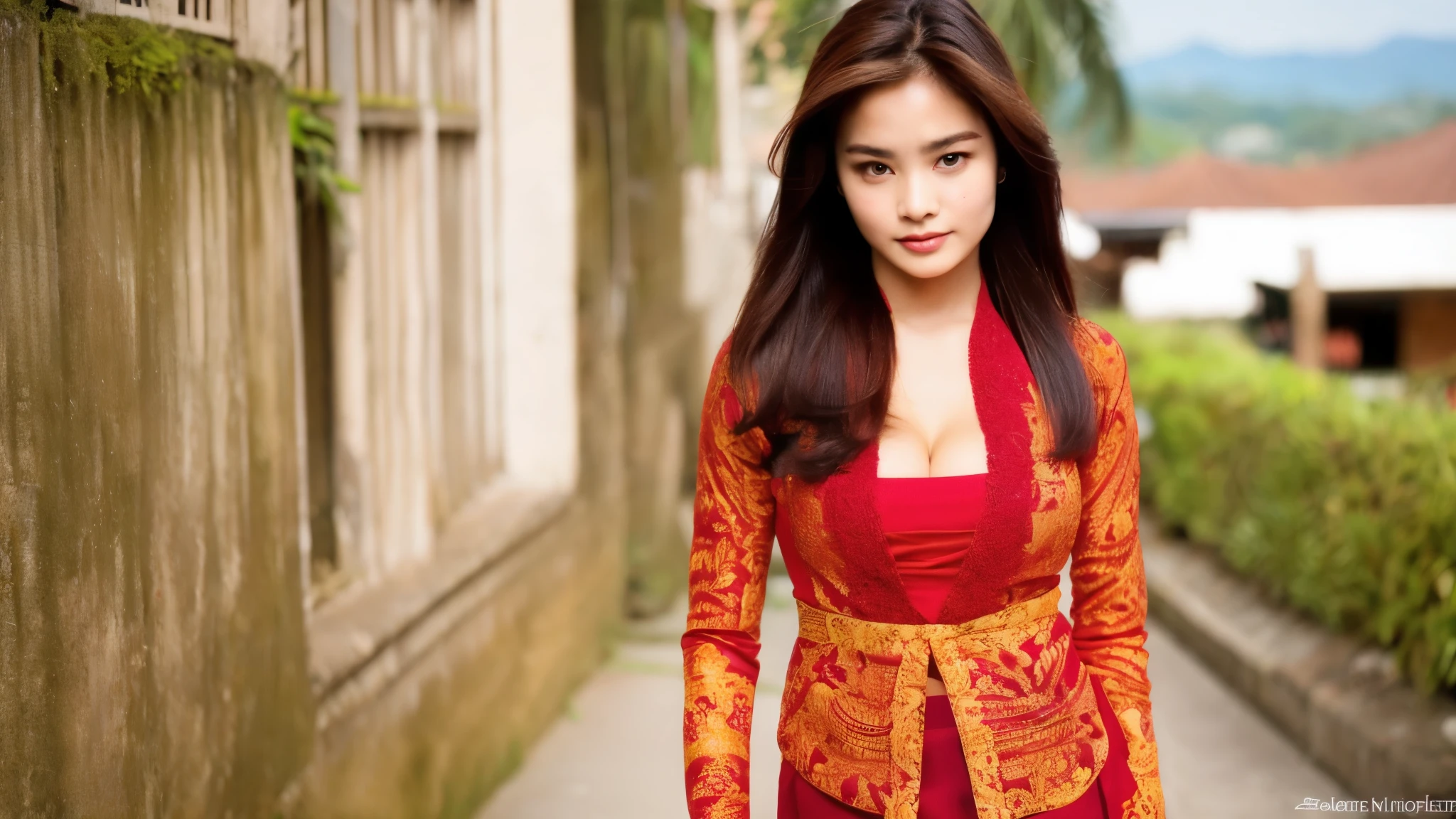 full HD, an Indonesian girl 19 years old, long red hair, olive skin, smaller head, brown eyes, toned body, medium breasts, long sleeve red kebaya, cleavage, tight batik pattern skirt, masterpiece, ultra HD, realistic masterpiece, blurred background, archipelago, sensual poses, perfect hands, perfect face, perfect details, sharp focus