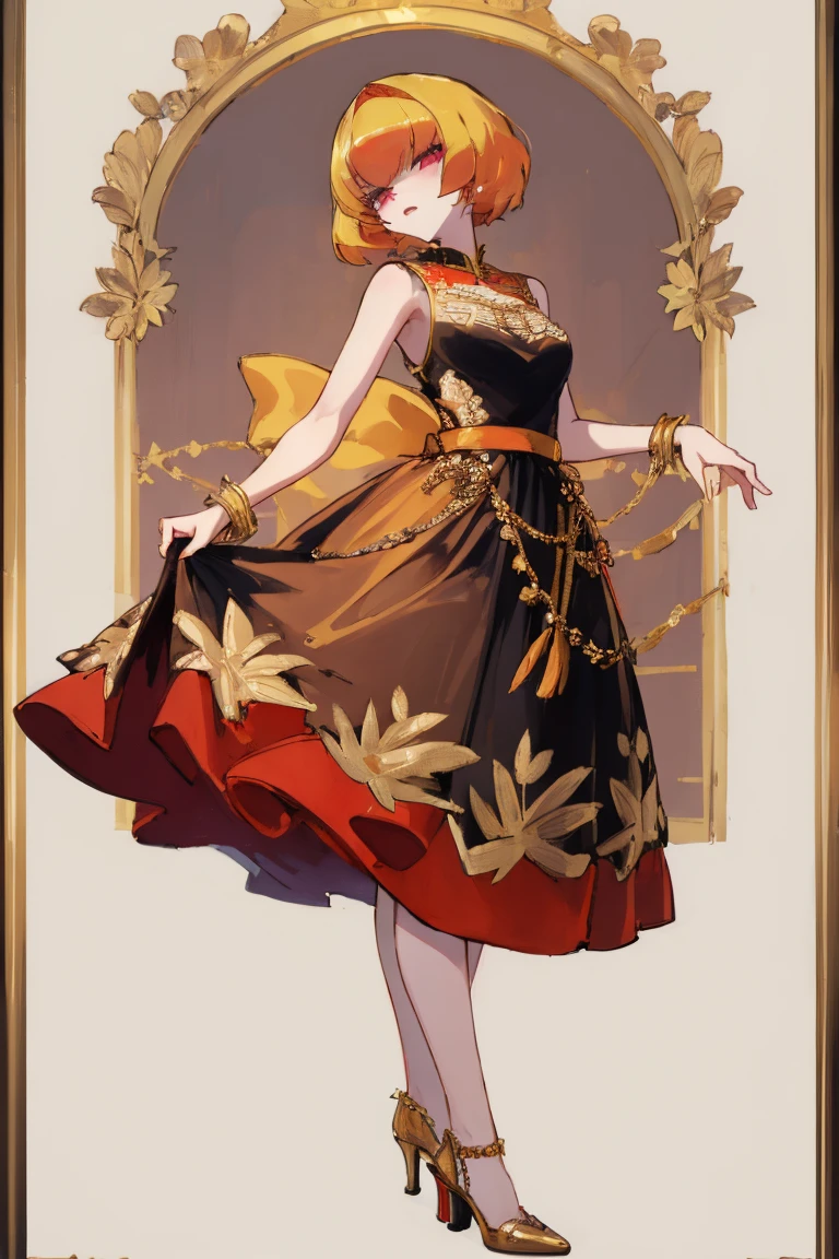 ((highest quality)), ((masterpiece)), (be familiar with),Clementine,Overload,nsfw,Sleeveless dress,Gold embroidery,High heels,Fascinating,Long skirt