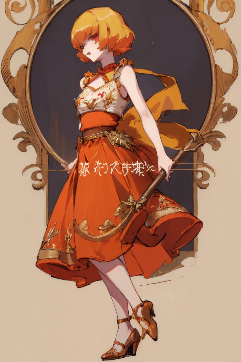((highest quality)), ((masterpiece)), (be familiar with),Clementine,Overload,nsfw,Sleeveless dress,Gold embroidery,High heels,Fascinating,Long skirt