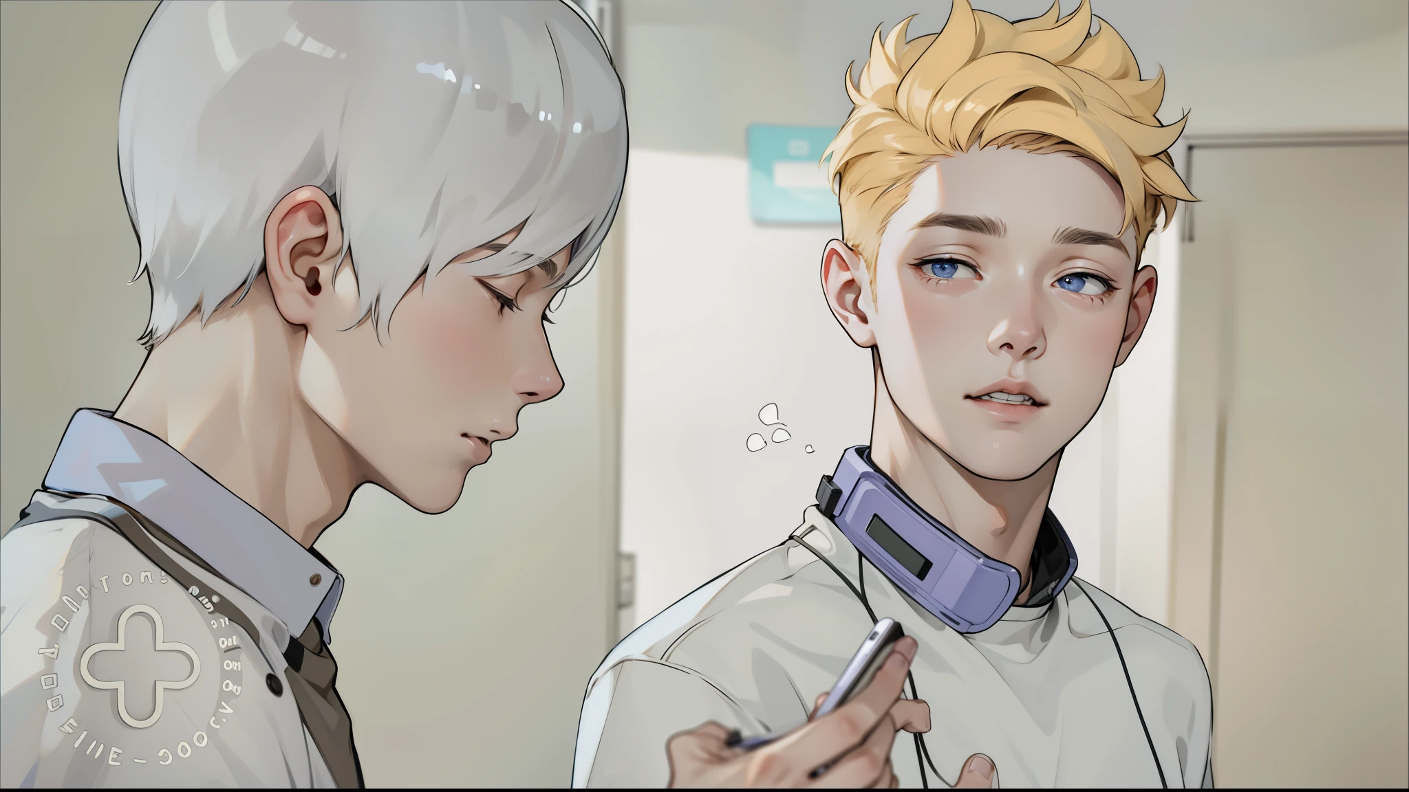 He is calling on his cell phone, there are two cute 17-year-old boys, they are worried, thoughtful.
