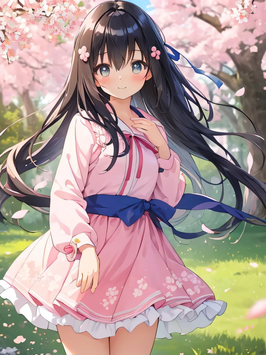 ((masterpiece)), ((best quality)), (ultra-detailed), ((kawaii)), cute, (lovely), illustration, anime style, a cute girl, solo, beautiful black hair, long hair, detailed hair, hair between eyes, (beautiful eyes), outdoors, wind blowing, hair ribbon, standing, smile, sakura petals, serene expression, sunlight, nature, vibrant colors, background scenery, high detail, dynamic pose, elegant, glossy hair, hair ornament, hair strands, subtle blush, realistic shading.