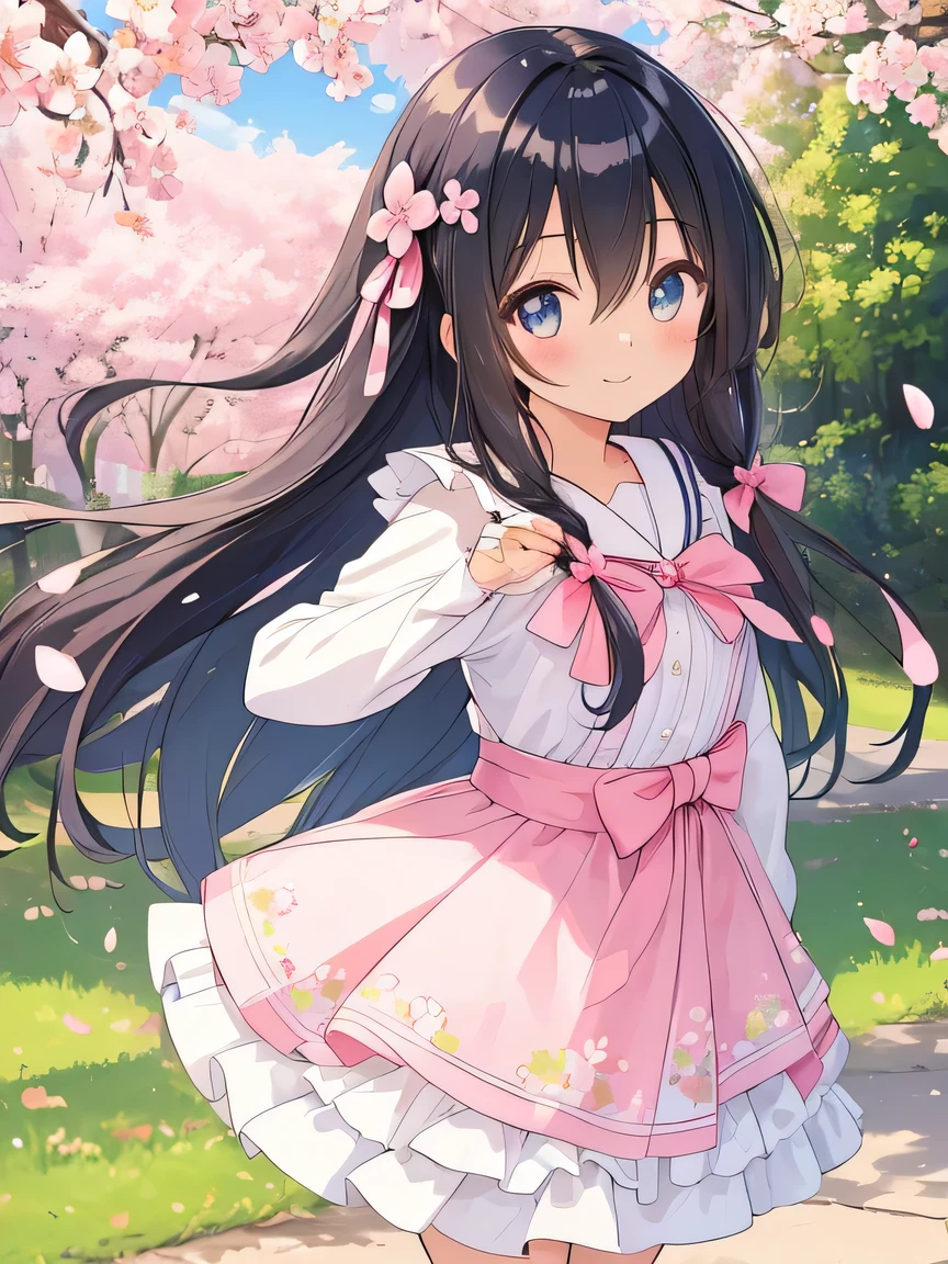 ((masterpiece)), ((best quality)), (ultra-detailed), ((kawaii)), cute, (lovely), illustration, anime style, a cute girl, solo, beautiful black hair, long hair, detailed hair, hair between eyes, (beautiful eyes), outdoors, wind blowing, hair ribbon, standing, smile, sakura petals, serene expression, sunlight, nature, vibrant colors, background scenery, high detail, dynamic pose, elegant, glossy hair, hair ornament, hair strands, subtle blush, realistic shading.