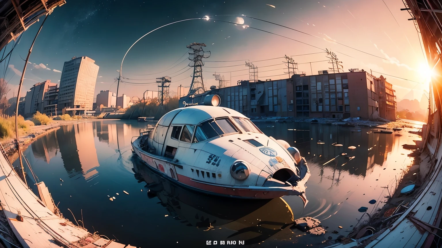 (Fish-eye),Icon, Logo, Very Wide White Background, Extreme Quality, Masterpiece, 8k, Depth of Field, Complex Detail, (No People), Very Large Margin, Lots of Text, Corporate Logo, Space, Emblem, Movie Poster-Like, Fisheye, (Abandoned Factory), (Lots of Wires), Spacecraft, Moon, Sun Flare, (sunset)