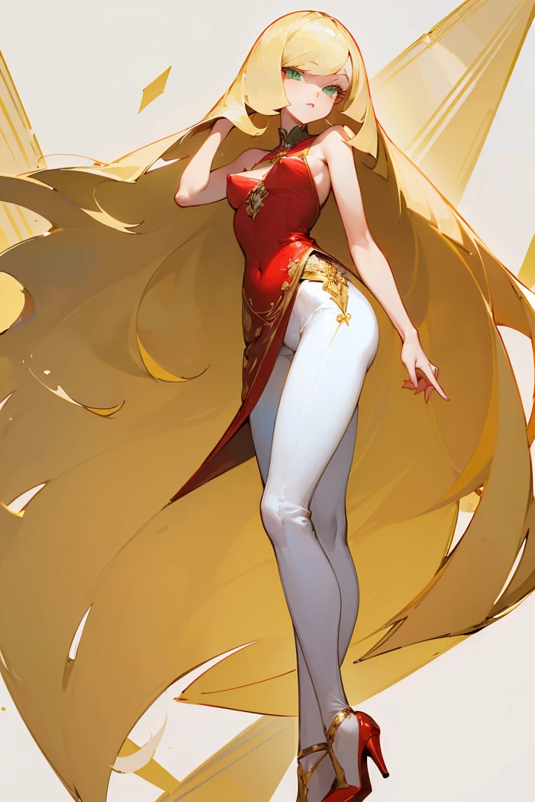 ((highest quality)), ((masterpiece)), (Familiar), Lusamine,nsfw,thin,Long Blonde Hair,Small breasts,Small breasts,????? nipples,Adult female,Green Eyes,Slanted Eyes,Sleeveless dress,Gorgeous red dress,Gold embroidery,High heels,Fascinating,White pants