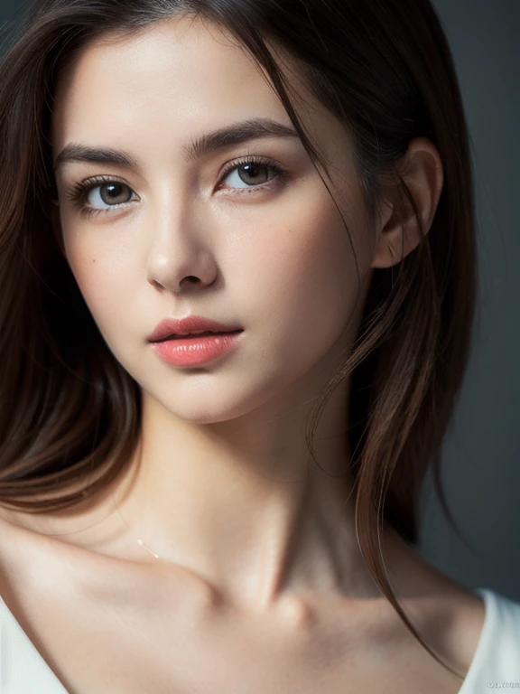Masterpiece, Best Quality, Photorealsitic, Ultra-detailed, finely detail, high resolution, 8k wallpaper, Professional, high level of detail,1girl in, ((Facing the front)), ((Only lips are in Red)), Detailed clavicle, face perfect,Half Ukrainian, half Japanese, five moles in face, straight hair, (look straight at a camera)