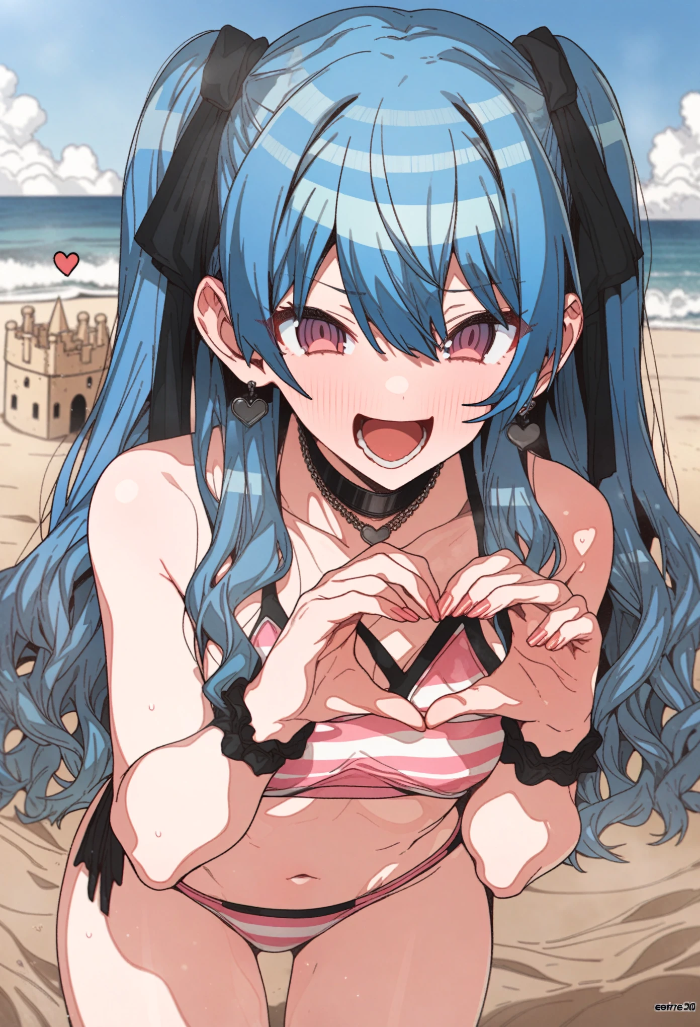 hoshimachi_suisei, Artist, erere, Copyrights, idolmaster, idolmaster_shiny_colors, Character, General, 1girl, blue_hair, wavy_bangs, blush, breasts, smile, heart_hands, brown_eyes, censored, long_hair, medium_breasts, striped bikini, pink_bikini, frilled_bikini, navel, open_mouth, raised_eyebrow, teeth, two_side_up, ((full_body)), standing, ((detailed beach in background, sand buckets behind character, sand castle, waves, sand, outdoors)), looking_at_viewer, facing_viewer, masterpiece, best_quality, great_quality, girl, solo, center_composition, centered character, medium_shot, sky
