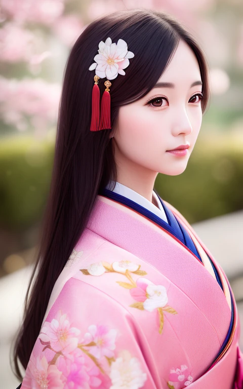 最high quality, masterpiece,Upper Body,(background:garden),1 girl, Mature Woman, Chinese style, ancient China, younger sister, Dancer, Dark brown hair, Black Hair, Princess Cut, Fried dough twisted braid, Coiled Hair, Double Ball Head,Coiled Hair,, Pale pink lips, Calm, intellectual, Red eyes, Tassel, Silver thread, beads,Peony flower, , embroidery, Detailed face, Face close-up, Hands close-up,Light-colored clothing,Beautiful Face,Realistic, Rim lighting, Two-tone lighting,(High definition skin:1.2), 8K uhd, Digital single-lens reflex camera, Soft lighting, high quality, Volumetric lighting, photograph, High resolution, 4k, 8K, Bokeh, 1girl, beautiful girl, cute girl, brown eyes, black hair, perfect hands, pink lips, blushing, (beautiful photo, masterpiece, illustrations, detailed, best quality, dynamic lighting, perfect lighting, ultra-detail, extremely detailed, 8k, vivid colors), BREAK, Sakura Blossoms: Frame the Scene with Petal Showers, Blossoming Branches, and Delicate Beauty, wind, BREAK, (Soft Focus:1.5) on the Foreground, Bokeh-filled Foreground, Shallow Depth of Field, Delicate Blur, Subtle Transitions, Depth and Atmosphere,Junihitoe, Twelve-layered ceremonial kimono, multilayer structure, Sleeve spread, long kimono, plush fabric, ,mioha