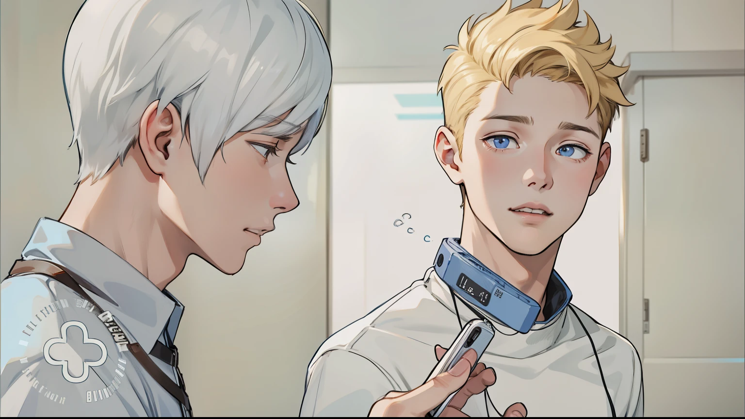 He is calling on his cell phone. There are two cute 18-year-old boys, they are worried and thoughtful.