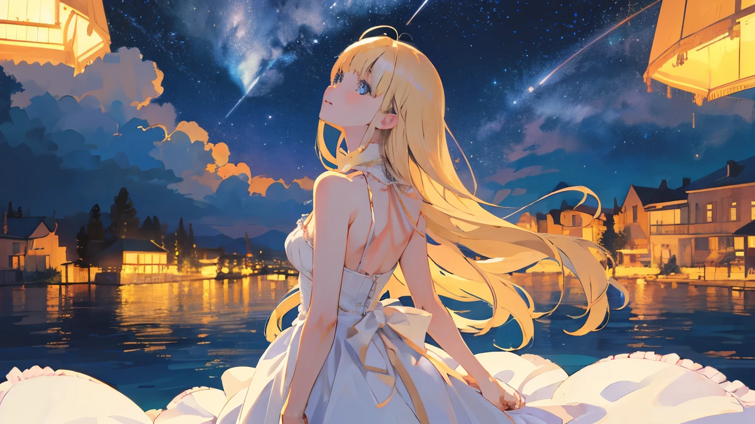 ((highest quality)), ((masterpiece)), (detailed), Perfect Face,Anime Images、Girl looking up at night sky、Hair Color Beige、Eye colorBlue、White dress、Cami dress、Front hair bangs、long hair、whole body、24-years-old、Empty-handed、Hands Behind Back、Back view、Look up more、shooting star、Looking up sky、sing、Blueeyes、Mature,Light_Brown_hair、Brighten hair color、One Woman、Galaxy Starry Sky、beautiful fingers,silhouette,Wide sky、Vast landscape photography, (View from below, There is a sky above、Below is a wide field), Girl Looking Up,Light Brown Hair、outside、blunt bangs、Beautiful hands、Beautiful eyes、Landscape、Right Eyes、The right move、Correct finger、Vast location