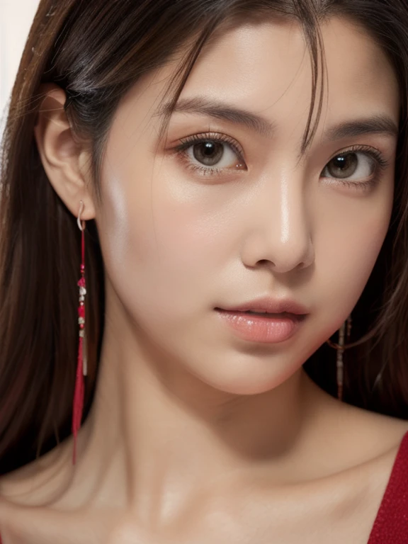 Masterpiece, Best Quality, Photorealsitic, Ultra-detailed, finely detail, high resolution, 8k wallpaper, Professional, high level of detail,1girl in, ((Facing the front)), ((Only lips are in Red)), Detailed clavicle, face perfect,Half Ukrainian, half Japanese, five moles in face,20 years old, straight hair, (look straight at a camera)