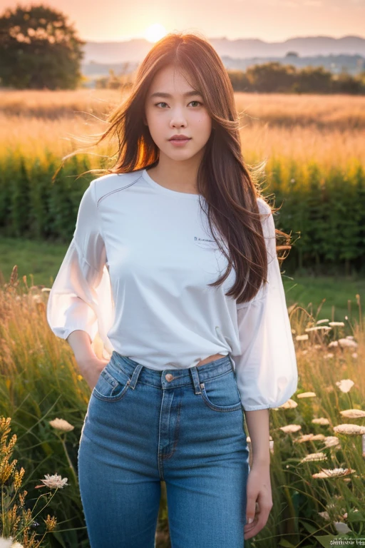 1girl, long hair, White shirt, jeans, (cliff meadow:1.2), from front, standing, (sunset, rimlight:1.2), shot on Canon EOS 5D, BREAK
(upper body:1.2), best quality, ultra high res, (photorealistic:1.4), masterpiece, real life skin, hyper real, perspective
