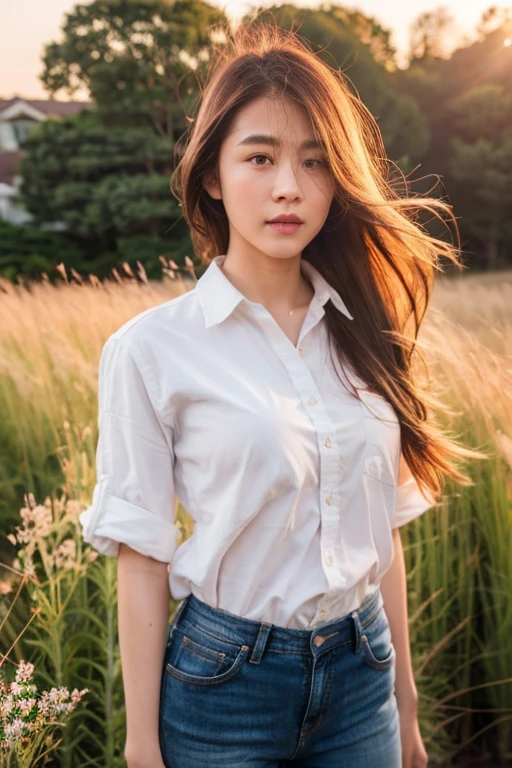 1girl, long hair, White shirt, jeans, (cliff meadow:1.2), from front, standing, (sunset, rimlight:1.2), shot on Canon EOS 5D, BREAK
(upper body:1.2), best quality, ultra high res, (photorealistic:1.4), masterpiece, real life skin, hyper real, perspective