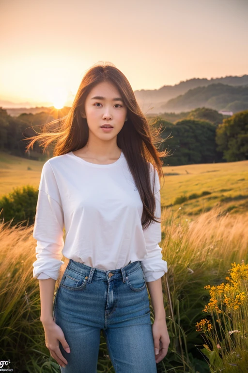 1girl, long hair, White shirt, jeans, (cliff meadow:1.2), from front, standing, (sunset, rimlight:1.2), shot on Canon EOS 5D, BREAK
(upper body:1.2), best quality, ultra high res, (photorealistic:1.4), masterpiece, real life skin, hyper real, perspective