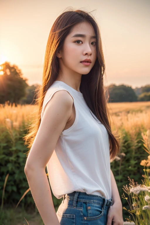 1girl, long hair, White shirt, jeans, (cliff meadow:1.2), from front, standing, (sunset, rimlight:1.2), shot on Canon EOS 5D, BREAK
(upper body:1.2), best quality, ultra high res, (photorealistic:1.4), masterpiece, real life skin, hyper real, perspective