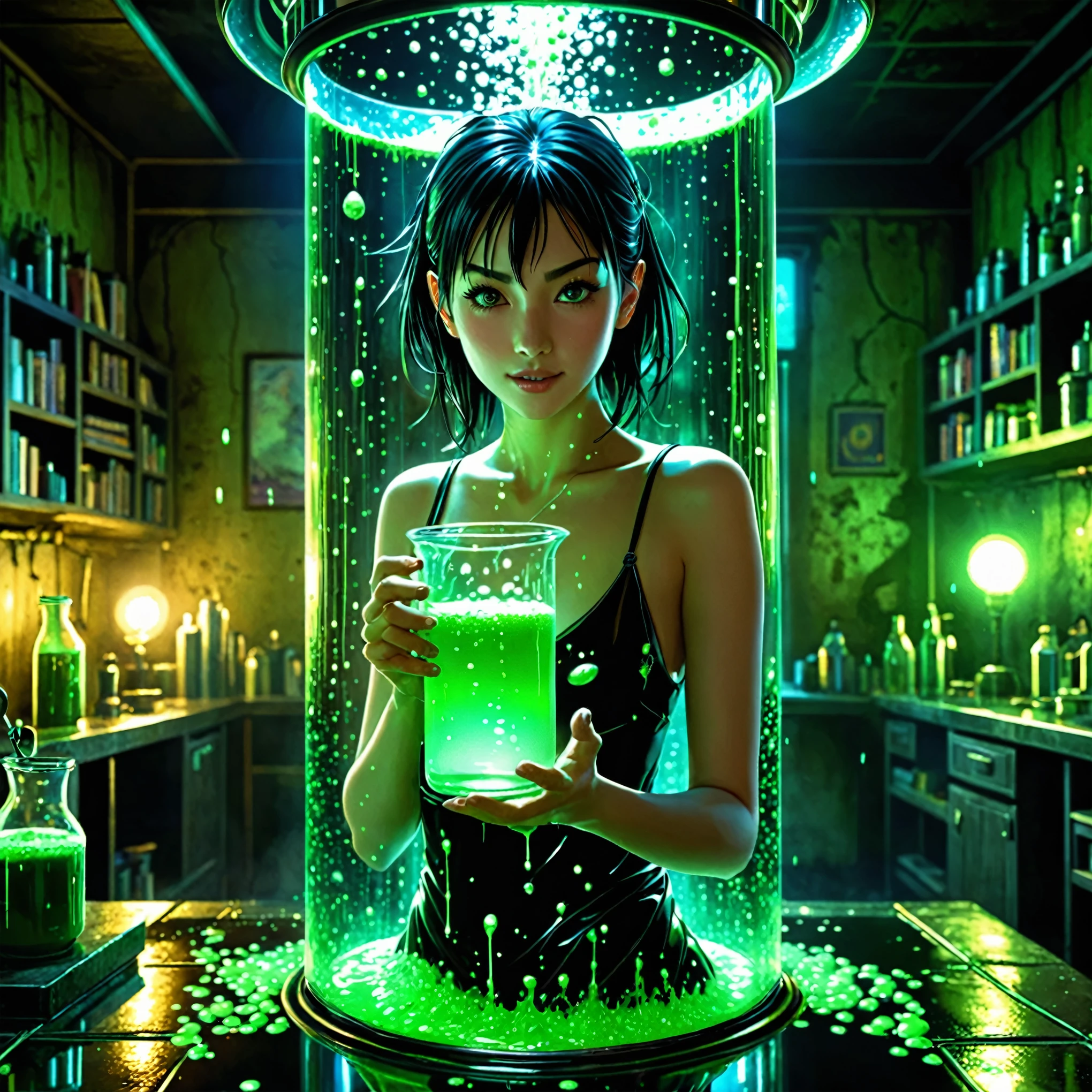 Obra de arte, high resolution, garota linda estilo matriz, estar em um copo sujo, immersed in liquid, homunculus, magic circle, sala pequena com flash fosforescente, Linda garota perfeita, sem roupas, luminoso de dentro, olhando para o espectador, risada, 3D rendering, perspectiva, Amazing anime illustration, stunning lighting, Fantastic, perigoso, monstruoso
