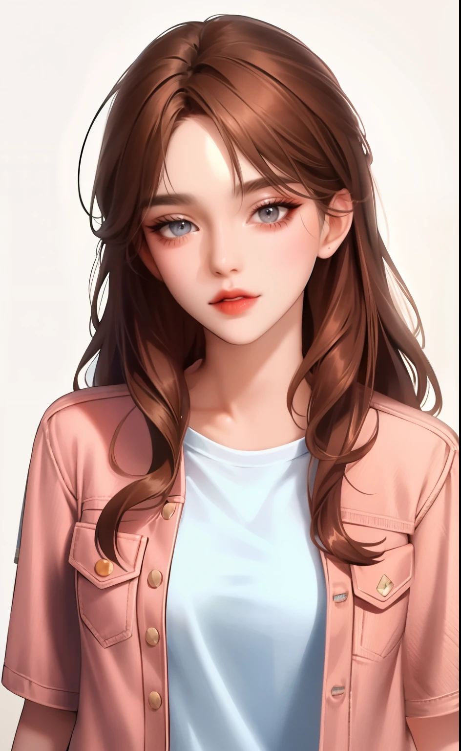 Girl, long brown hair, brown eyes, sharp features, white skin, pink lips, t-shirt, denim jacket