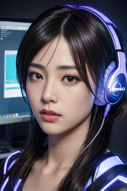 ​masterpiece, 1 beautiful girl, Detailed eye, Swollen eyes, top-quality, 超A high resolution, (reality: 1.4), movie lighting, japanes, a asian beauty, very extremely beautiful, Beautiful skins, A slender, Forward-facing body, (A hyper-realistic), (hight resolution), (8K), (ighly detailed), ( Best Illustration), (beautifully detailed eyes), (ultra-detailliert), Detailed face, Bright lighting, Professional Lighting、The background is a cyberpunk room with many monitors..、The cord is connected from the costume、A dark-haired、head phone、headset on head、Female Game Commentator、casual clothing