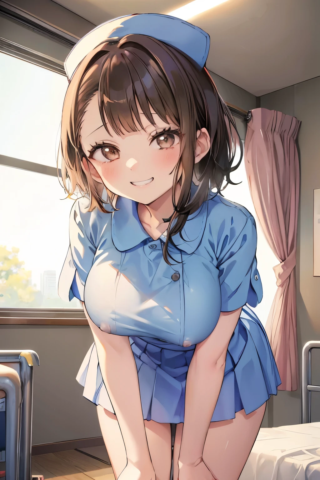 (8K、Highest quality、highest quality、masterpiece)、Detailed face、One girl、 Black Hair、short hair、、blunt bangs、Grey Eyes、evil smile、((Grin))、((camisole))、((One piece skirt))、Cowboy Shot、((bent over))、hospital、Hospital room、Very large breasts、cheeks are bright red、Blushing、in trouble、White nurse uniform、Cleavage、Nipples are visible