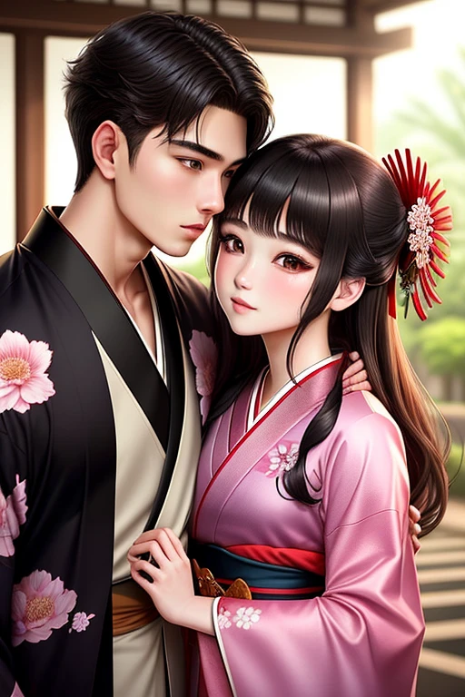 Use kimono. aggressive kissing kiss, staring intently to eyes. No one look at front. Hand on the face. 
20-year-old boy and 18-year-old girl and.  Detailed face, Detailed eyes, double eyelid, cute, sunny, warm vibes, Handsome-cool-warm-boy with brown hair use kimono and hot-seductive-sexy-cute-beautiful-girl with black hair and blushing face use kimono. Intimate vibes. 