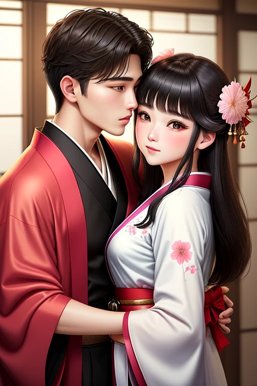 Use kimono. aggressive kissing kiss, staring intently to eyes. No one look at front. Hand on the face. 
20-year-old boy and 18-year-old girl and.  Detailed face, Detailed eyes, double eyelid, cute, sunny, warm vibes, Handsome-cool-warm-boy with brown hair use kimono and hot-seductive-sexy-cute-beautiful-girl with black hair and blushing face use kimono. Intimate vibes. 