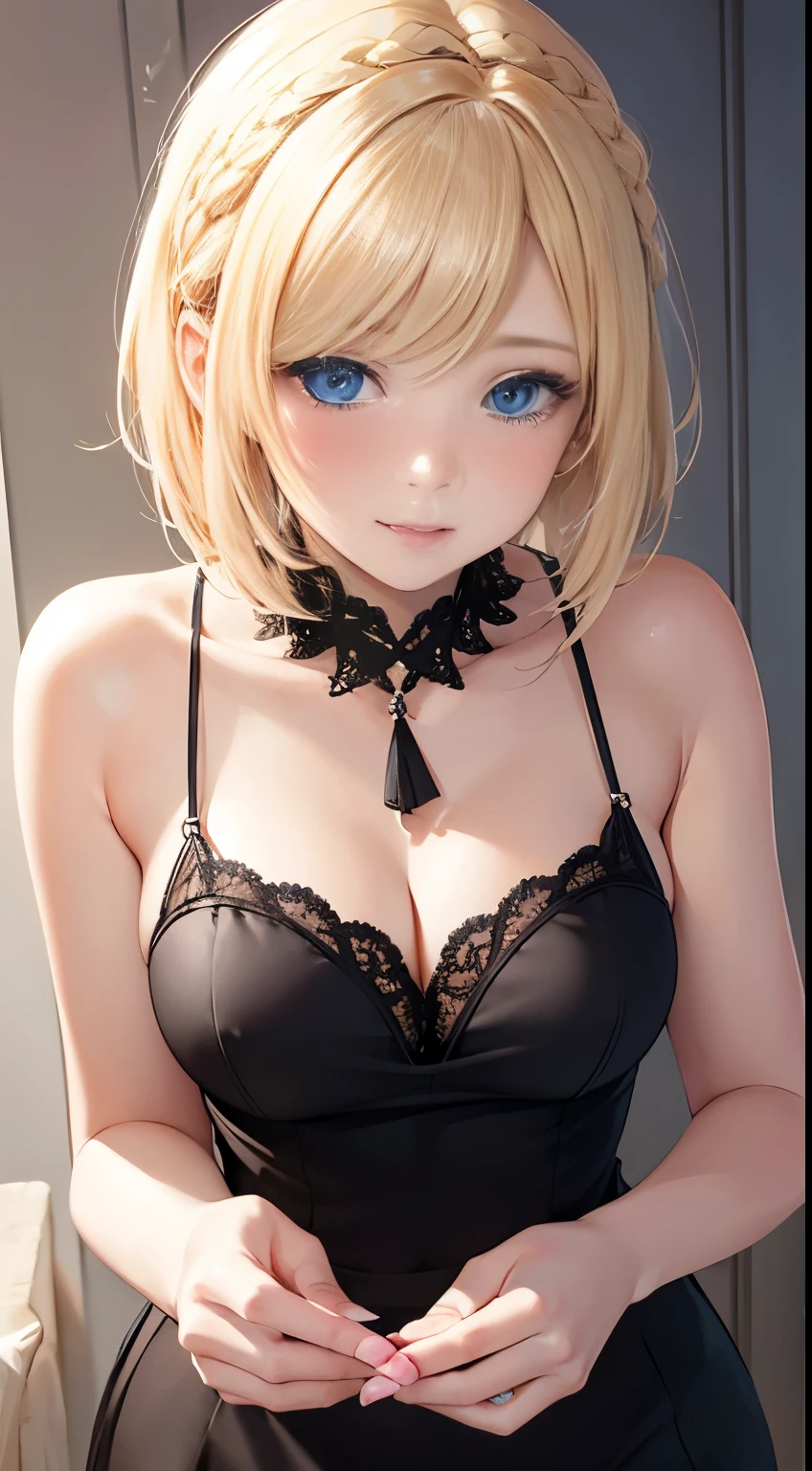 Unparalleled beauty, Glossy and firm skin, Light blonde hair, Beautiful and nice girl,kindly smile,Short hair,french braid hair, fresckles, hard blush, makup, slightly opened mouth