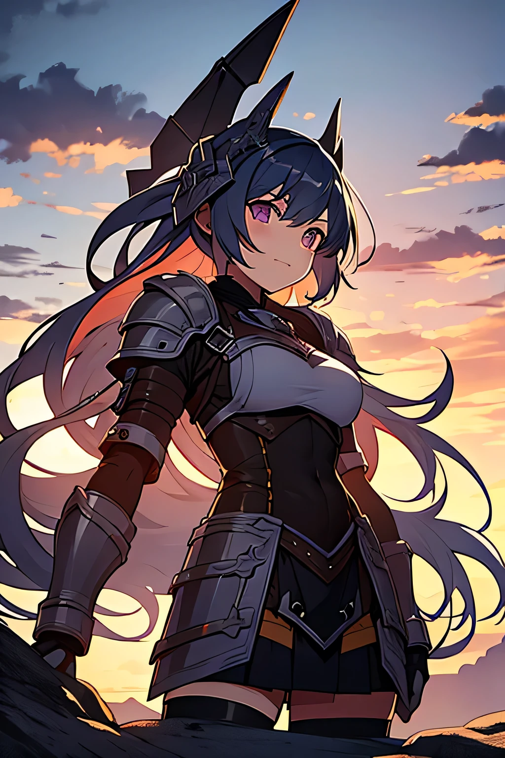 Anime girl in armor, stands against the backdrop of a gloomy castle
