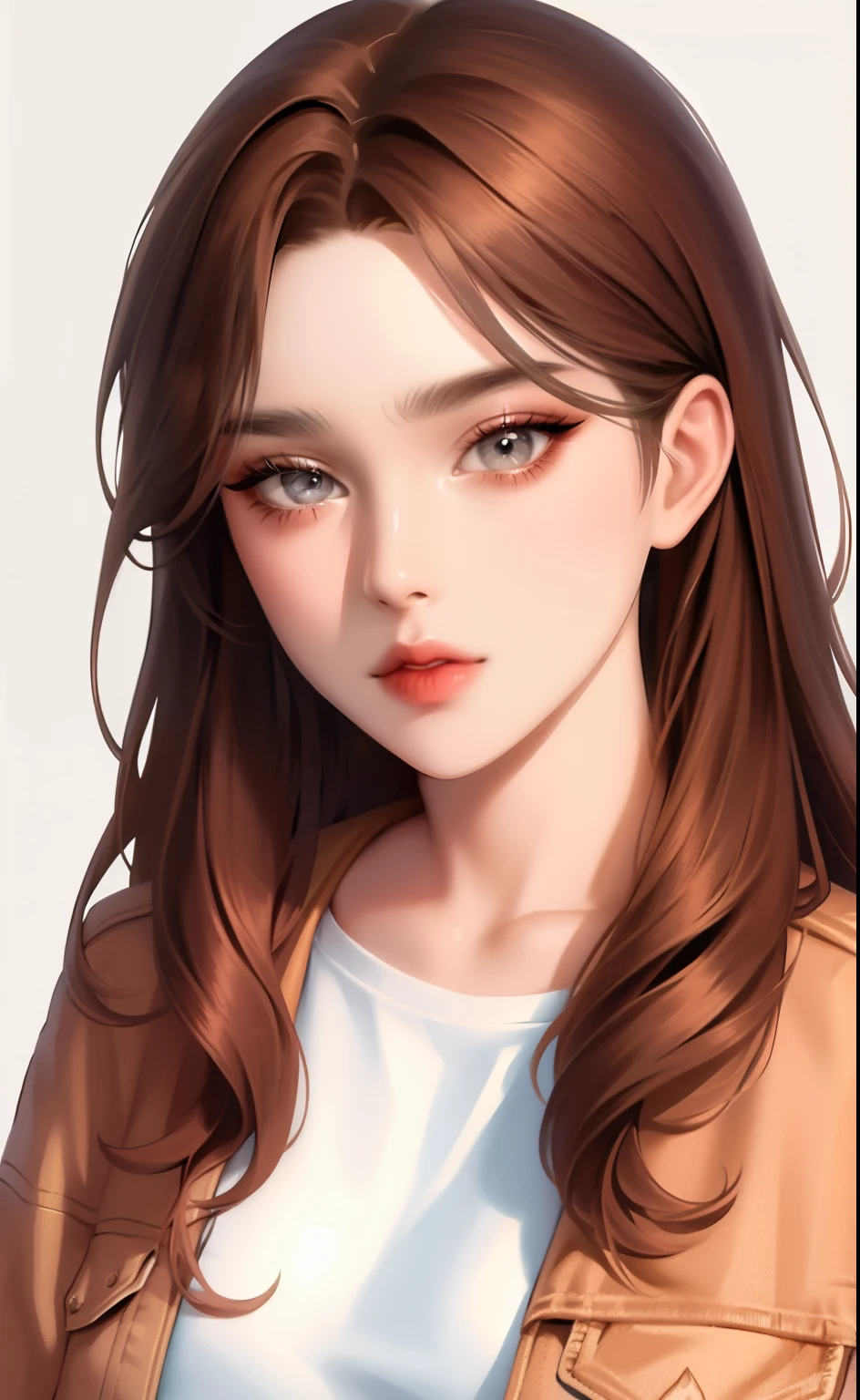 Girl, long brown hair, brown eyes, sharp features, white skin, pink lips, t-shirt, denim jacket