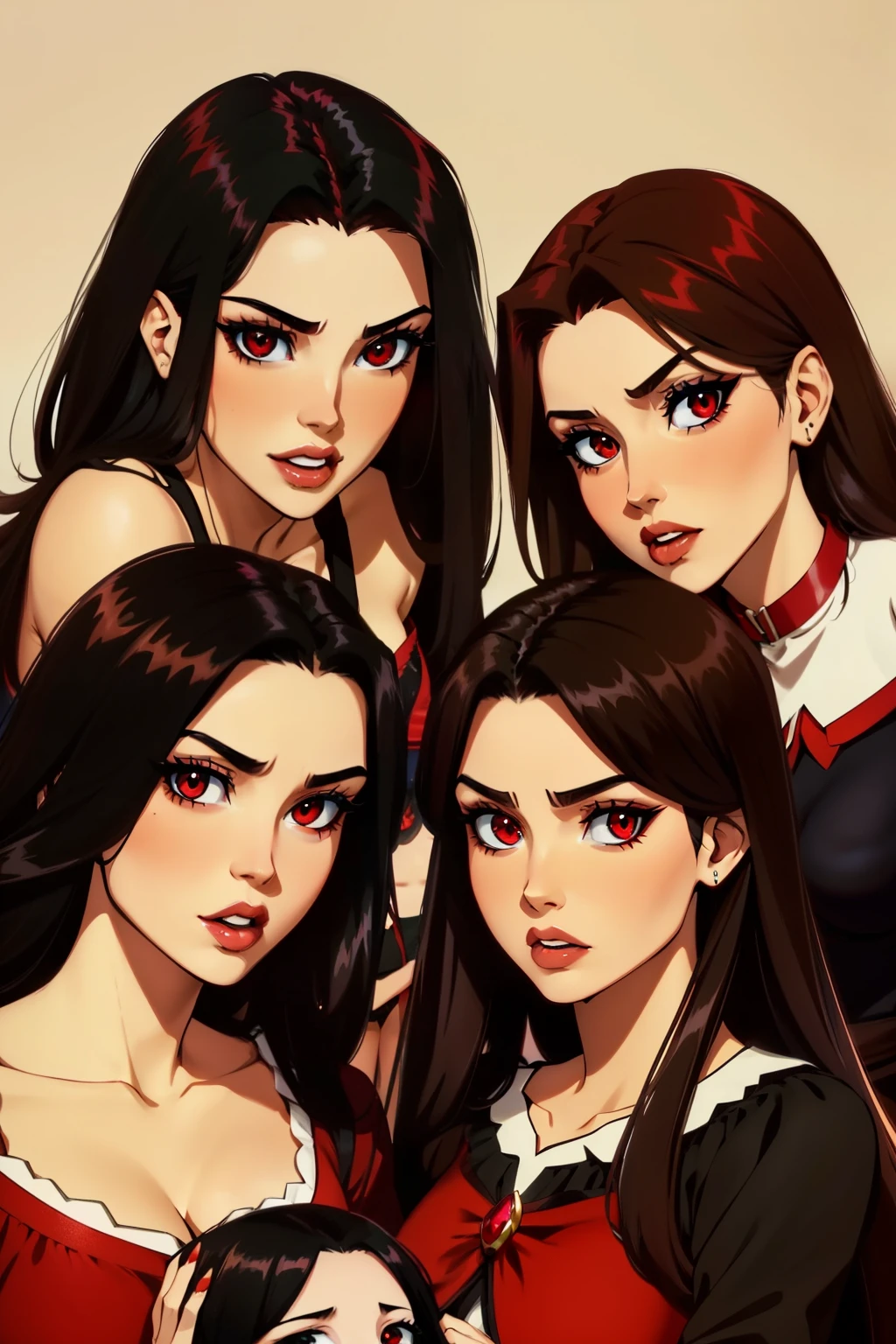 Megumin have black hair, red Eyes) with her 3 little daugheters Esmeralda, Ariarose and Ruby: Esmeralda have brown hair , red eyes). Ruby have Red Hair, green eyes), AriaRose have Black hair, blu eyes)