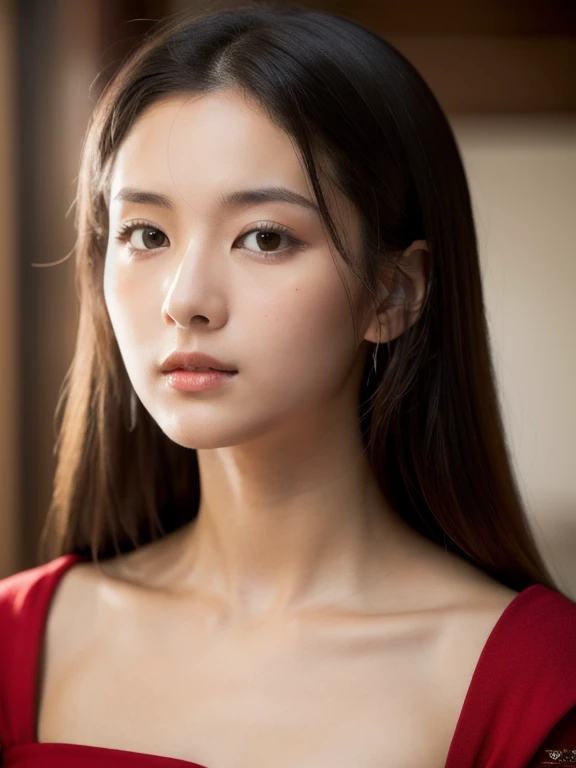 Masterpiece, Best Quality, Photorealsitic, Ultra-detailed, finely detail, high resolution, 8k wallpaper, Professional, high level of detail,1girl in, ((Facing the front)), ((Only lips are in Red)), Detailed clavicle, face perfect,Half Ukrainian, half Japanese, five moles in face,18 years old, straight hair, (look straight at a camera)