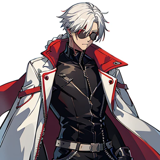  blazblue game ,human Male  ,Clear Skin ,Red eyewear , white hair,long braided ,zip Red Coat  , Black Gloves  , Cool face 