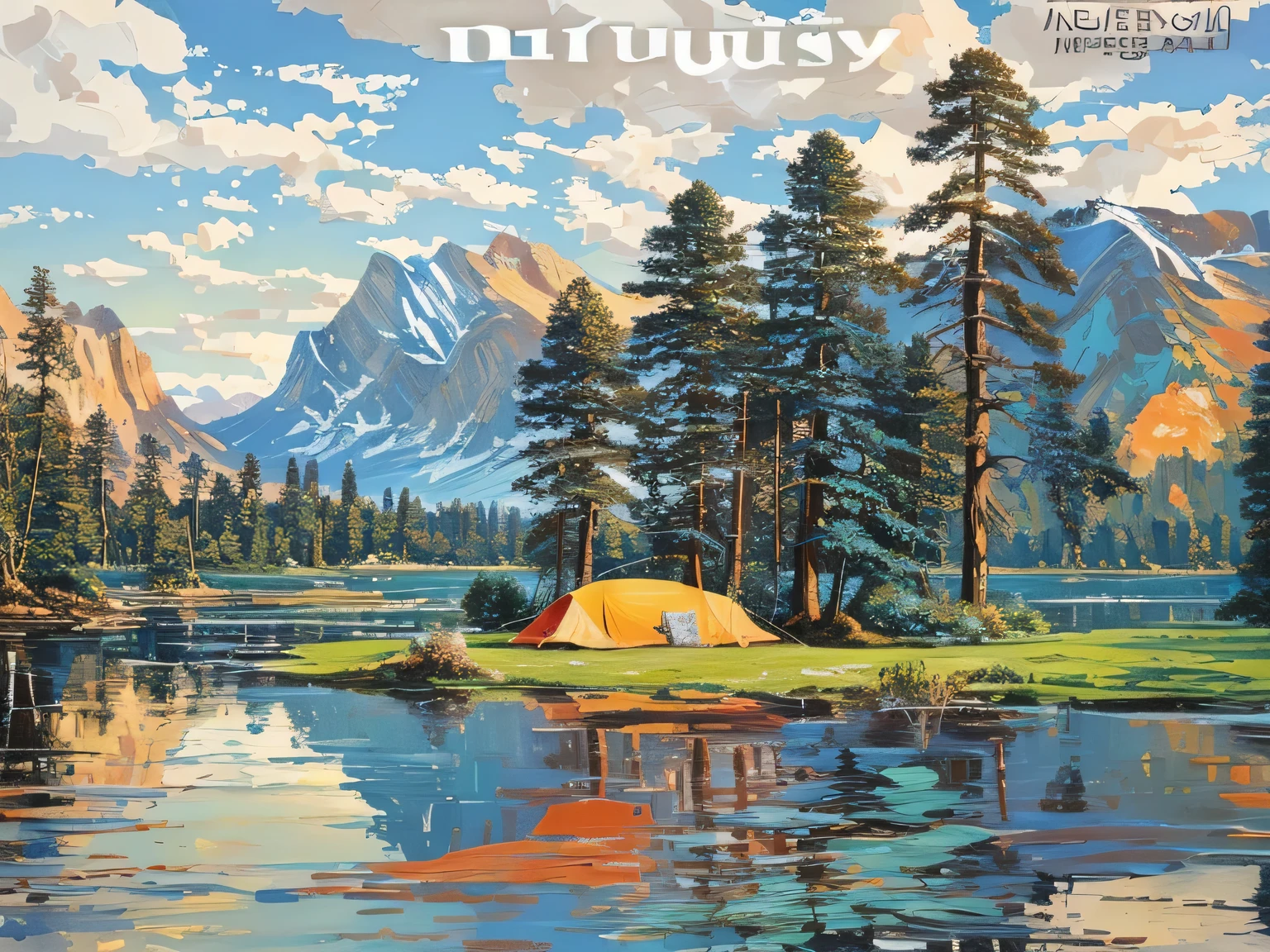 There is a painting,The picture shows a tent in the middle of the lake, Vibrant gouache landscape, Very detailed landscape, highly detailed number of paintings, Highly detailed 4k painting, Landscape view, number highly detailed, Written by David B. Mattingly, nature painting, Very detailed, Detailed scenery, Low Detail. number, colorful landscape painting, Mountains, rivers and trees