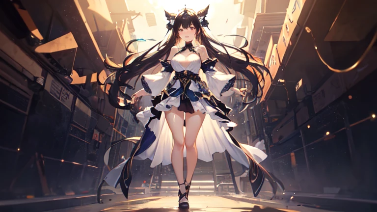 ((best quality)), ((masterpiece)), (detailed), 完美Body,Best body shape,best quality, masterpiece, High resolution, 1 Girl,blush,(Charming smile:0.8),Star-shaped pupil,Dress,Hair accessories,,Pretty Face,Above_Body, ,Full breasts,Complete,Tyndall effect,Reality, Dark Studio, Edge lighting, Two-tone lighting,(High Detail Skin:1.2), 8K uhd, Digital SLR Camera,Wide Angle,Third person perspective,Full body shot, soft light, high quality, Volumetric Lighting, frank, photo, high resolution, 4k, 8K, Bokeh,huge ,Wide hips,(National Foundation:0.6),