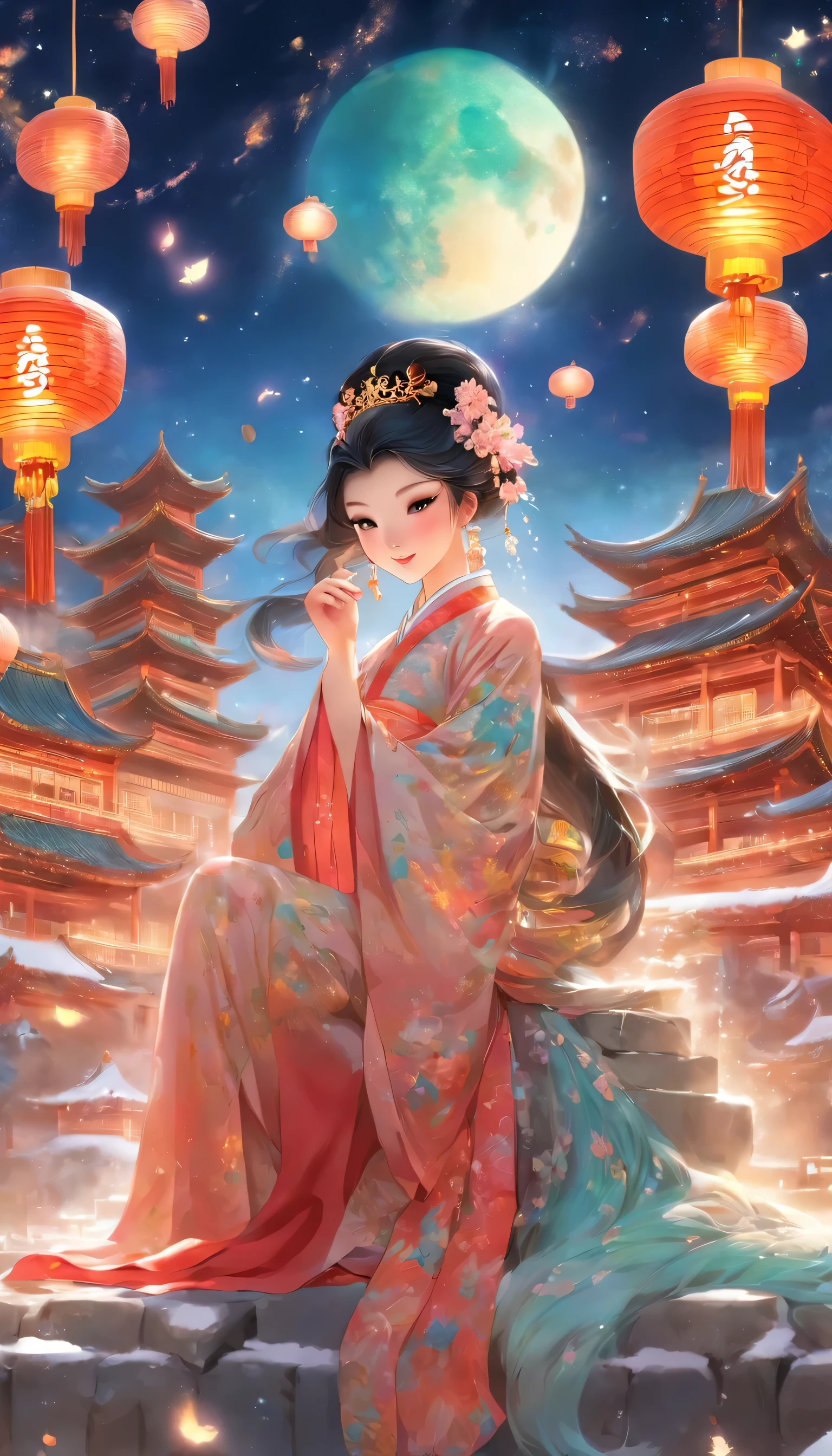 （full bodyesbian：1.25），Faraway view，（faded：1.3），extremely colorful，（tmasterpiece：1,2），best qualityer，extremely detailed CG  8k wallpaper，best qualityer，A high resolution，Original，extremelydetailedwallpaper，（solo person：1.25），A woman who is，Dressed in gorgeous ancient Chinese costumes，Detailed and beautiful face，Woman sitting on the moon，There are mooncakes on the table，Behind you is a snow-covered Chinese palace，There was a rabbit at the woman's feet，Starry sky and blue earth as background，