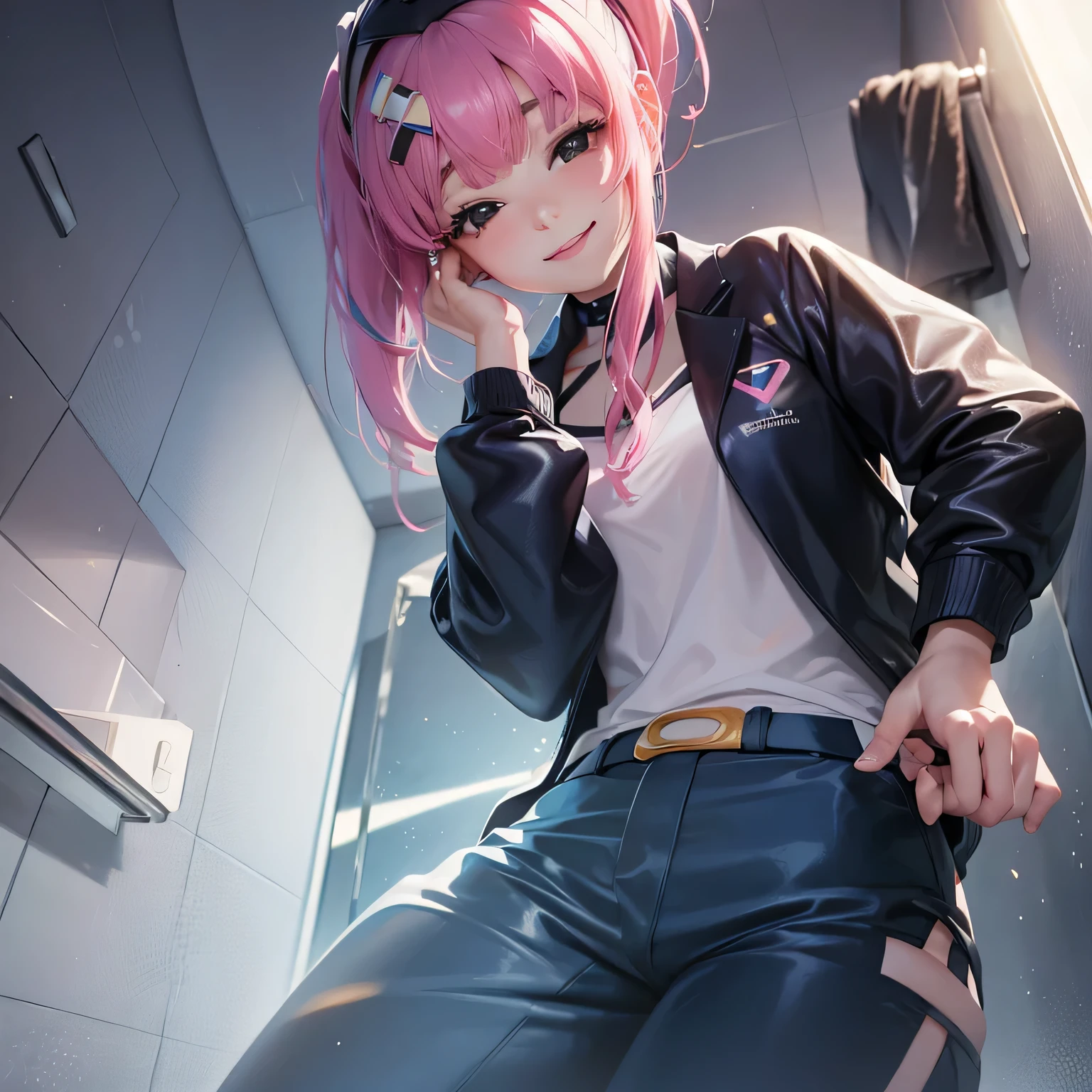 Young Latina ((Ultra-realistic:1.2)), Wearing a navy blue lab coat and light pink pants, she is smiling broadly.., Very bright bathroom, (near), Bring your face closer, Digital single-lens reflex camera, 100mm