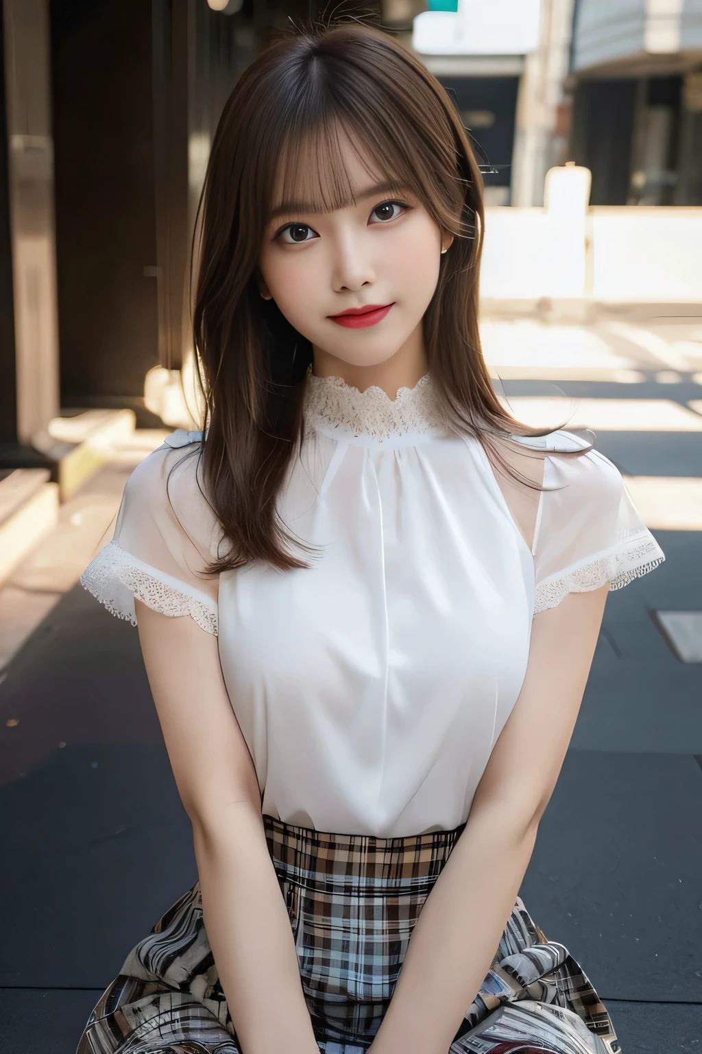 8K, masterpiece, RAW photo, highest quality, realistic, Highly detailed CG Unity 8K wallpaper, written boundary depth, cinematic light, Lens flare, ray tracing, (very beautiful face, beautiful lips, Beautiful drooping eyes), ((super dense skin)) 1 girl, in the dark, ((exposed nipples)), Japanese, idol face, 1 girl, (very slim slender fit-muscled body:1.3), ((looking at the viewer)),(smile:1.3), ((Blouse with lace)), (short sleeve) ,clear eyes, (white skin), (Big eyes), look forward to, (brown straight hair),((plaid skirt)), (looking at the viewer:1.3), (open chest), (very slim), rich bust, thick thighs, See through, ((Squat down and spread your legs)), ((bangs))