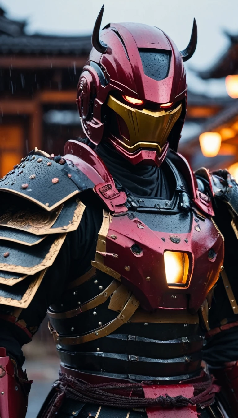 HD Portrait, 8K, a Ironman transform to samurai, ((Kabuto)), Take a sword, in Ghost town, evening, Epic detailed, ultra sharp, intricate armor details, style, flash shot, ((horror scfi)), smog, rainy weather, dramatic lighting, The atmosphere looks real, Full body shot exposed, Front angle, Bokeh, Flash photography, cinematic, Hyper realistic, Professional 