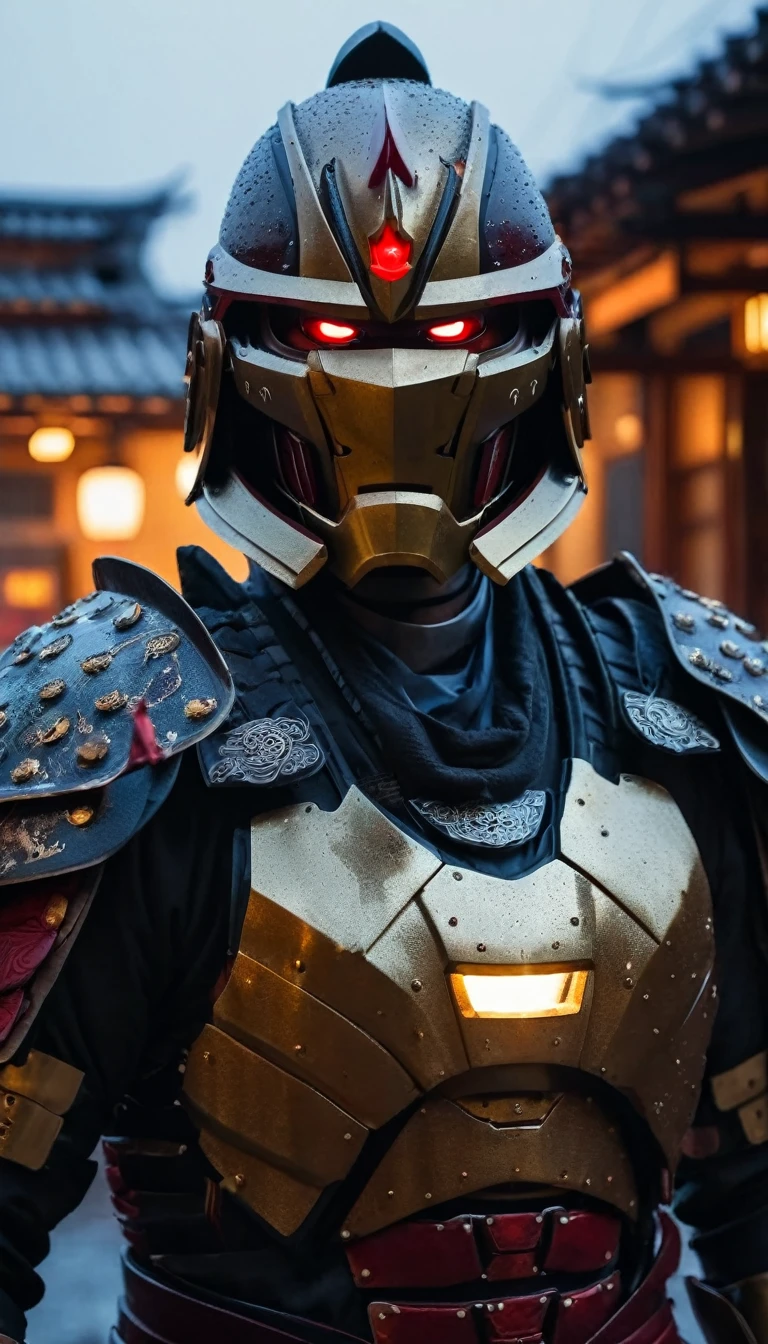 HD Portrait, 8K, a Ironman transform to samurai, ((Kabuto)), Take a sword, in Ghost town, evening, Epic detailed, ultra sharp, intricate armor details, style, flash shot, ((horror scfi)), smog, rainy weather, dramatic lighting, The atmosphere looks real, Full body shot exposed, Front angle, Bokeh, Flash photography, cinematic, Hyper realistic, Professional
