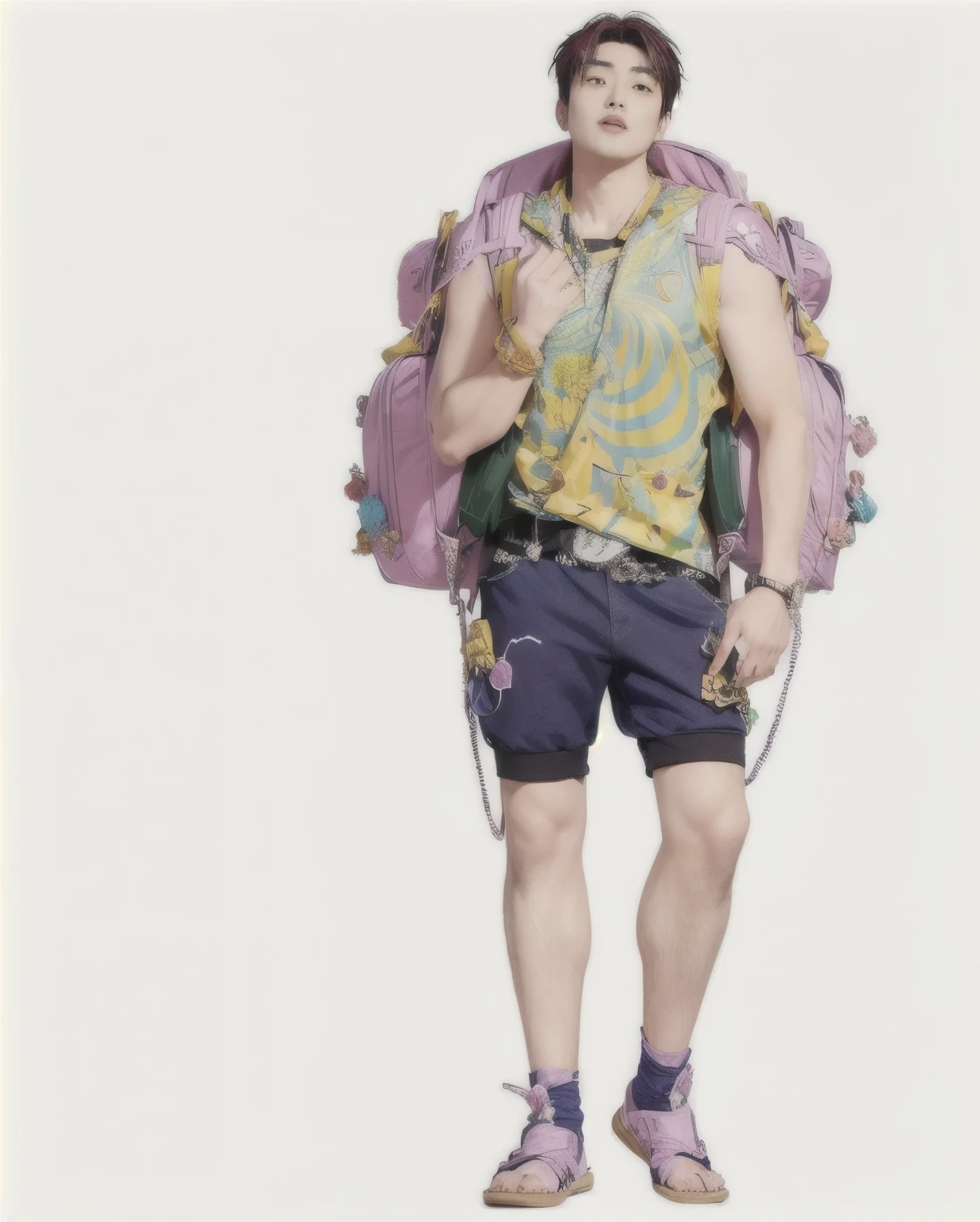 Carrying a backpack、Carrying a backpack的阿拉菲德男子, rich and colorful! role conception, jojo anime style, Joseph Joestar, author:Nobutada Yanagawa, Joe Biden plays the role of JoJo, Full body portrait!, 90s comic book role conception, The non-dual god of spring, impersonate jojo character, eiichiro oda style,Real portrait,Japanese star Bo Chongyuan's face,