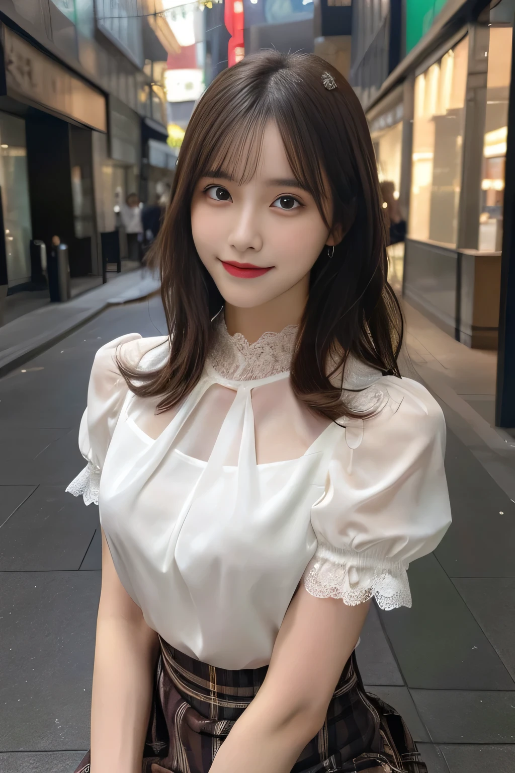 8K, masterpiece, RAW photo, highest quality, realistic, Highly detailed CG Unity 8K wallpaper, written boundary depth, cinematic light, Lens flare, ray tracing, (very beautiful face, beautiful lips, Beautiful drooping eyes), ((super dense skin)) 1 girl, in the dark, ((exposed nipples)), Japanese, idol face, 1 girl, (very slim slender fit-muscled body:1.3), ((looking at the viewer)),(smile:1.3), ((Blouse with lace)), (short sleeve) ,clear eyes, (white skin), (Big eyes), look forward to, (brown straight hair),((plaid skirt)), (looking at the viewer:1.3), (open chest), (very slim), rich bust, thick thighs, See through, ((Squat down and spread your legs)), ((bangs))
