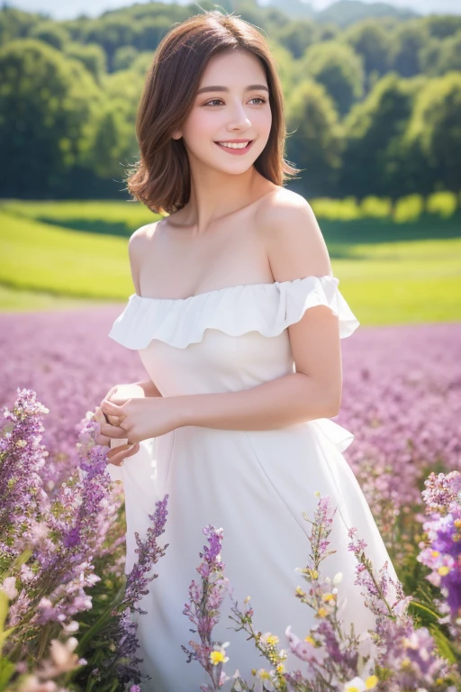 Best quality, masterpiece, ultra high res, (photorealistic:1.4), raw photo, 1girl, white dress, off shoulder, blossom violet flower field, glowing skin, light smile