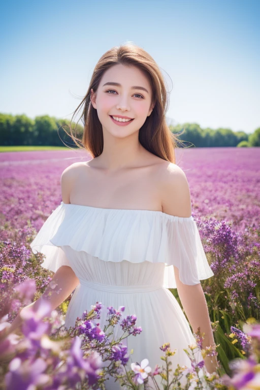 Best quality, masterpiece, ultra high res, (photorealistic:1.4), raw photo, 1girl, white dress, off shoulder, blossom violet flower field, glowing skin, light smile